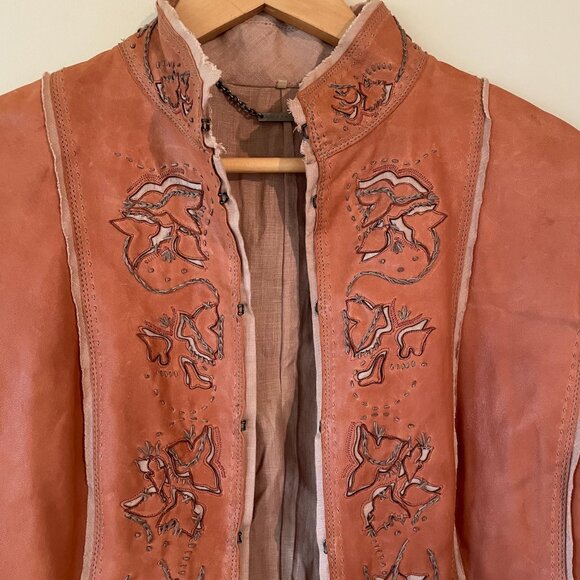 Vintage Elie Tahari Ornate Brown Leather Biker Jacket with linen lining - medium - Picture 4 of 8